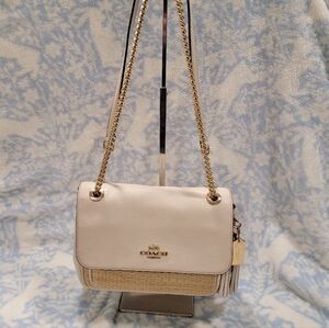 Coach Cream Leather & Woven Shoulder Bag with Gold Chain.  2023